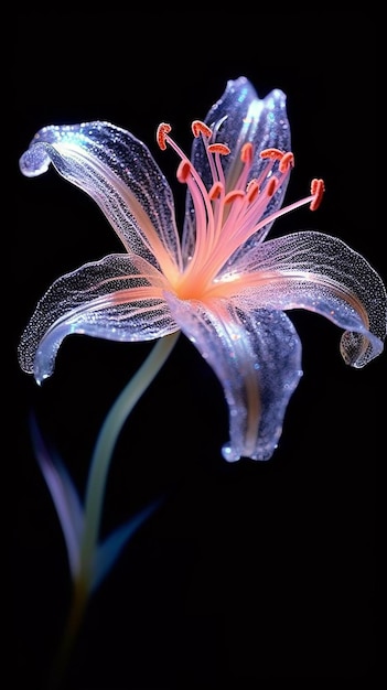 Uma flor iluminada em azul e vermelho