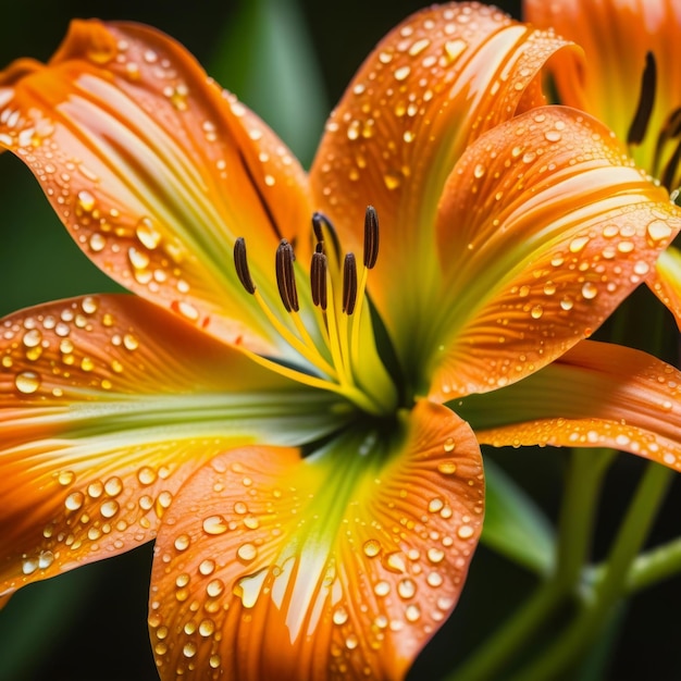 Uma flor laranja com gotas de água sobre ela A flor é cercada por folhas verdes