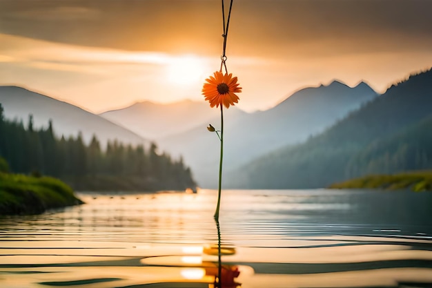 uma flor na água com montanhas ao fundo