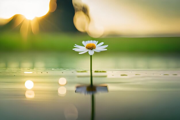 Uma flor na água com o sol atrás dela