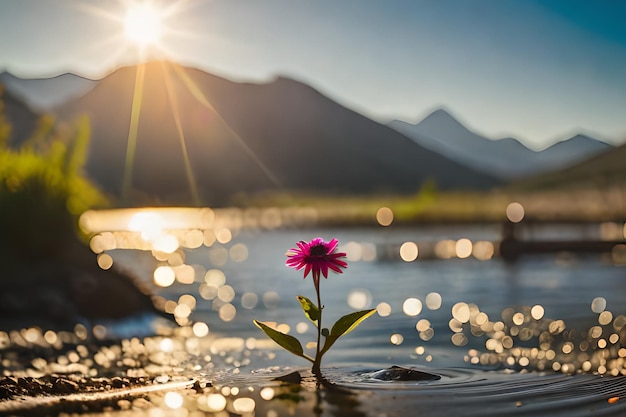 Uma flor na água com o sol brilhando sobre ela