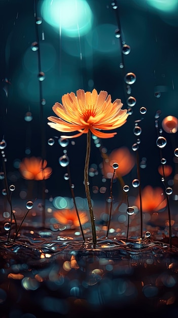 uma flor na chuva com gotas de água