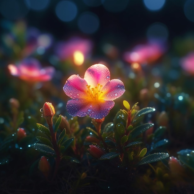 Uma flor na grama com gotas de água sobre ela