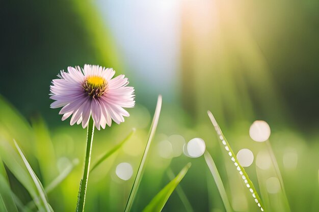 uma flor na grama com o sol atrás dela