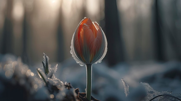 Uma flor na neve com a palavra tulipa