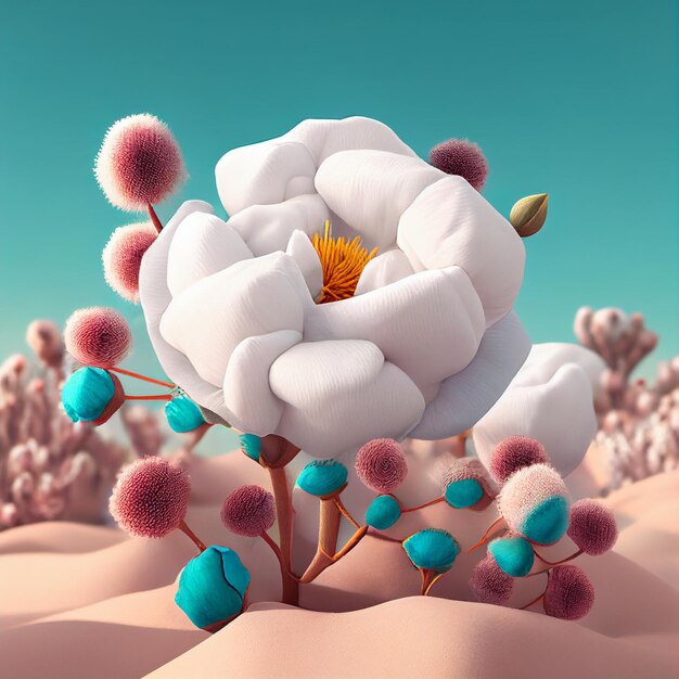 Foto uma flor no deserto com bolas azuis