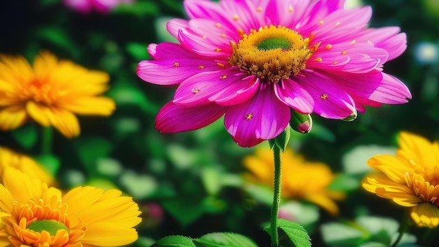 Uma flor no jardim com uma flor amarela ao fundo