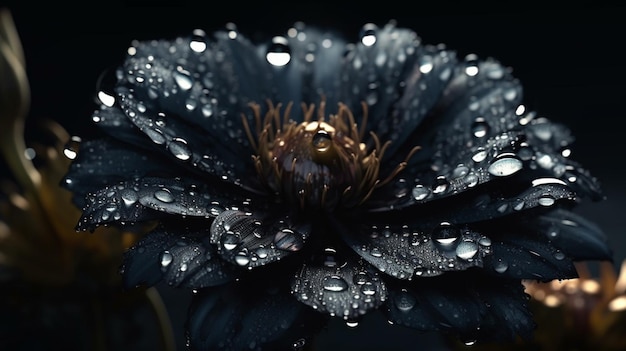 Uma flor preta com gotas de água nela