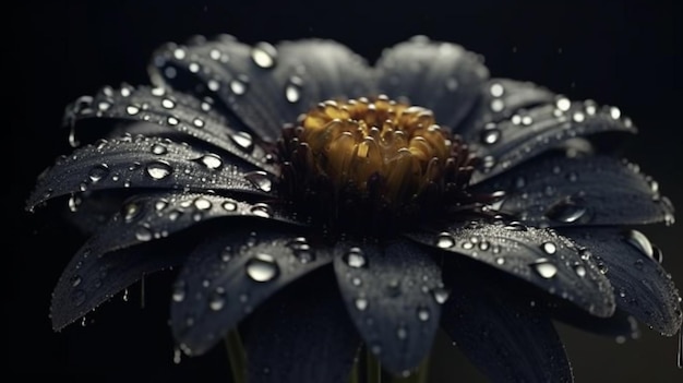 Uma flor preta com gotas de água nela