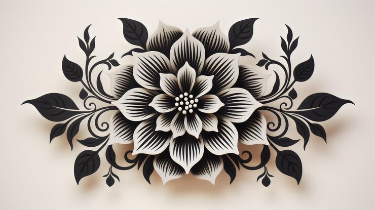 uma flor preta e branca com um desenho preto nela