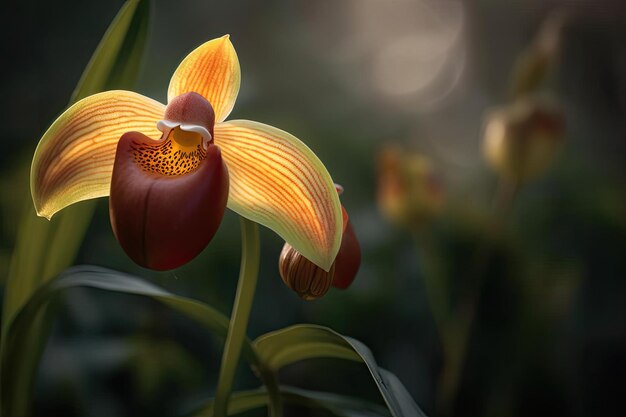 Foto uma flor que é amarela e laranja com a palavra orquídea nela