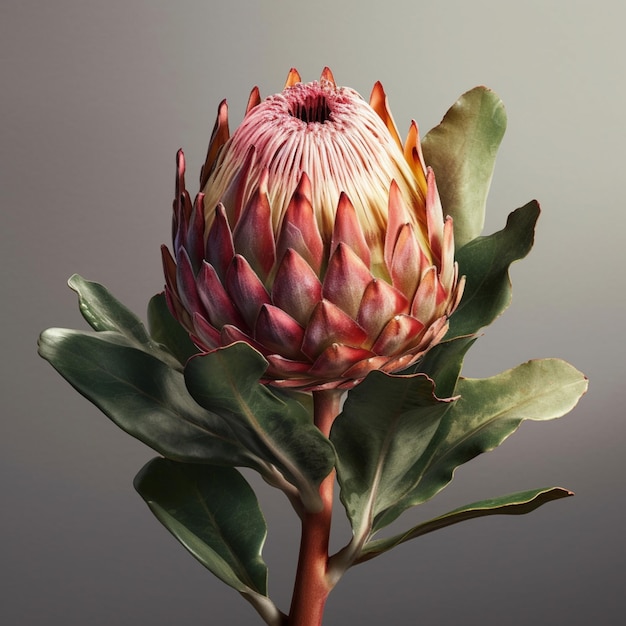 Foto uma flor que é rosa e amarela com a palavra protea nela