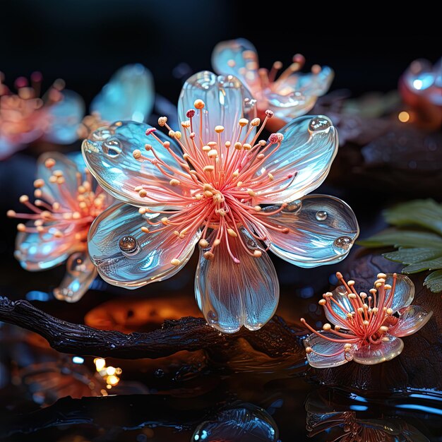 uma flor que está em uma mesa com gotas de água