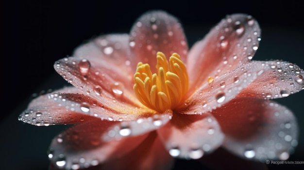 Uma flor rosa com gotas de água sobre ela