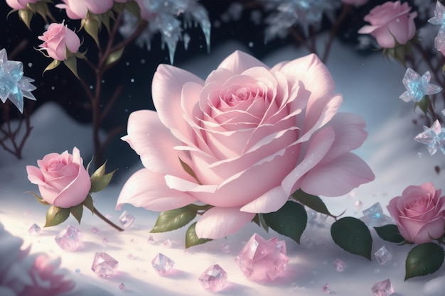 Uma flor rosa com neve