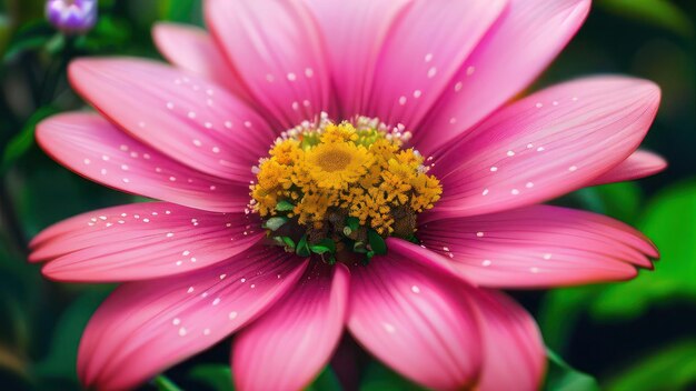 Uma flor rosa com um centro amarelo