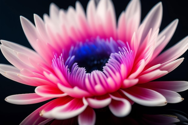 Uma flor rosa com um centro azul e um centro branco.