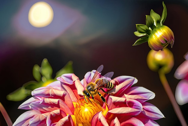 Uma flor rosa com uma abelha nela