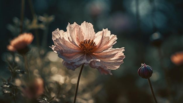 Uma flor rosa com uma baga vermelha ao fundo