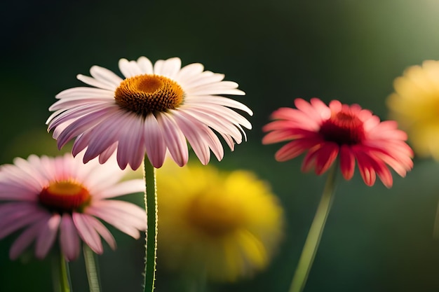 Uma flor rosa com uma flor vermelha ao fundo