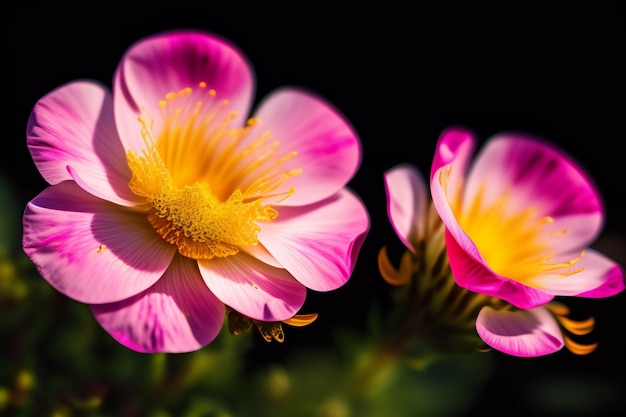 Uma flor rosa e amarela com um centro amarelo