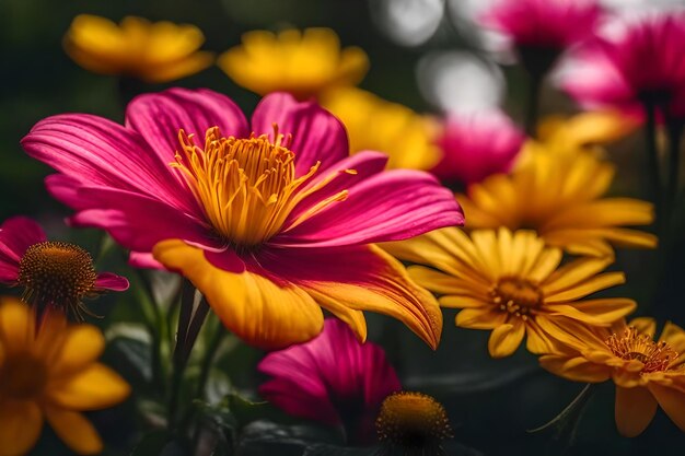 Uma flor rosa e amarela está no canto de uma foto