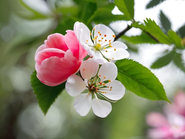 Foto uma flor rosa e branca com folhas verdes