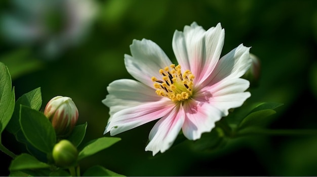 Uma flor rosa e branca com um centro amarelo