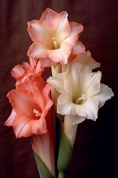 Uma flor rosa e branca em um vaso com a palavra gladíolo nela.