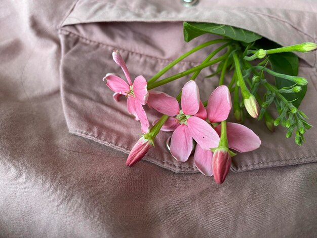 Uma flor rosa é colocada sobre um travesseiro em uma bolsa de linho cinza.