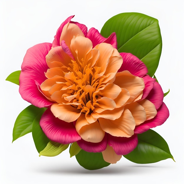 Uma flor rosa e laranja com folhas verdes na frente dela.