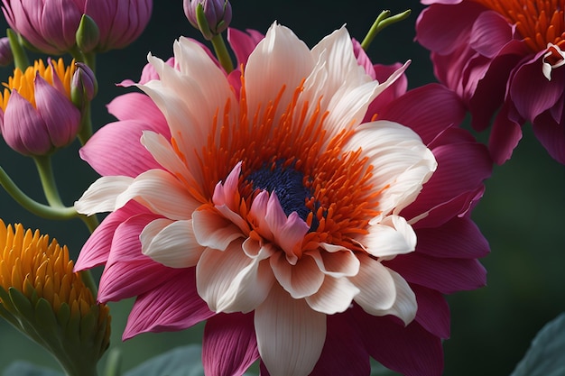 Uma flor rosa e laranja com um centro azul.