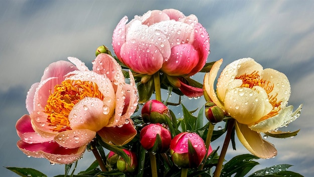 Uma flor rosa em close-up com gotas de água em suas pétalas e um centro claro