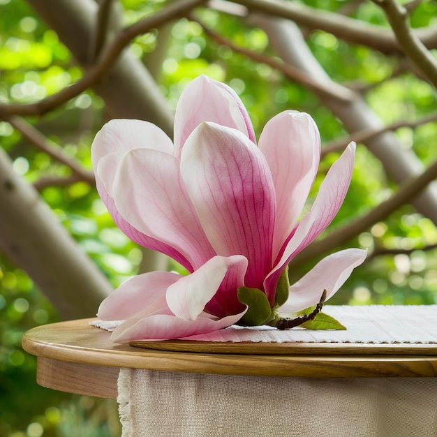 uma flor rosa em um ramo de magnolia em flor em close-up em uma mesa de madeira