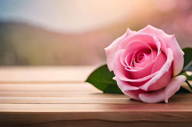 Uma flor rosa em uma mesa de madeira