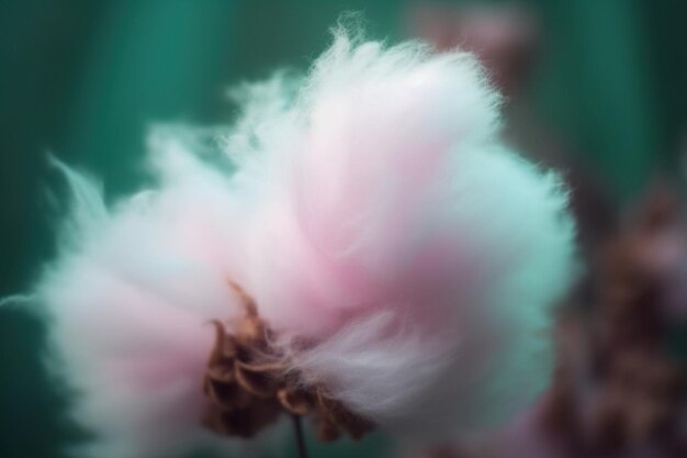 Uma flor rosa está em primeiro plano e o fundo é verde.