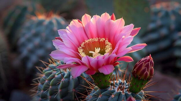 Foto uma flor rosa está florescendo em um cacto