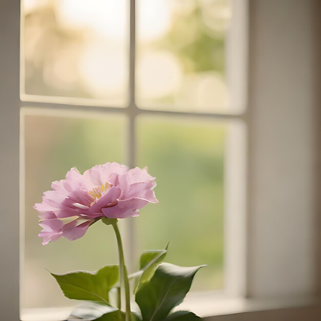 Foto uma flor rosa está na frente de uma janela com uma janela atrás dela