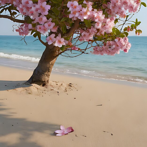 Foto uma flor rosa está na praia na frente de uma árvore