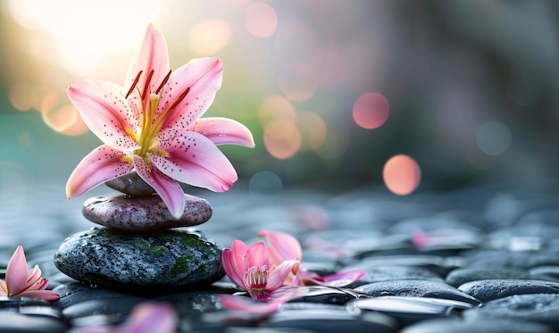 uma flor rosa senta-se em uma rocha com flores ao fundoSpa ainda vida com pedras zen e flowe