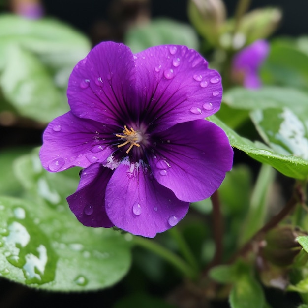 Uma flor roxa com gotas de água nela