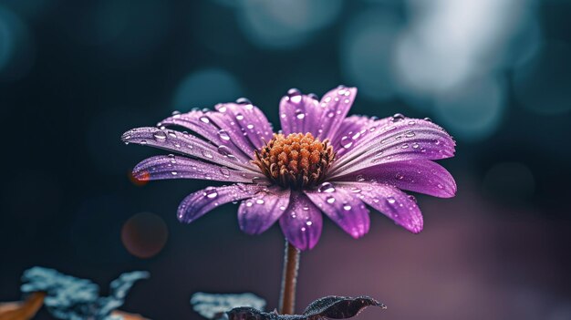 Uma flor roxa com gotas de água nela