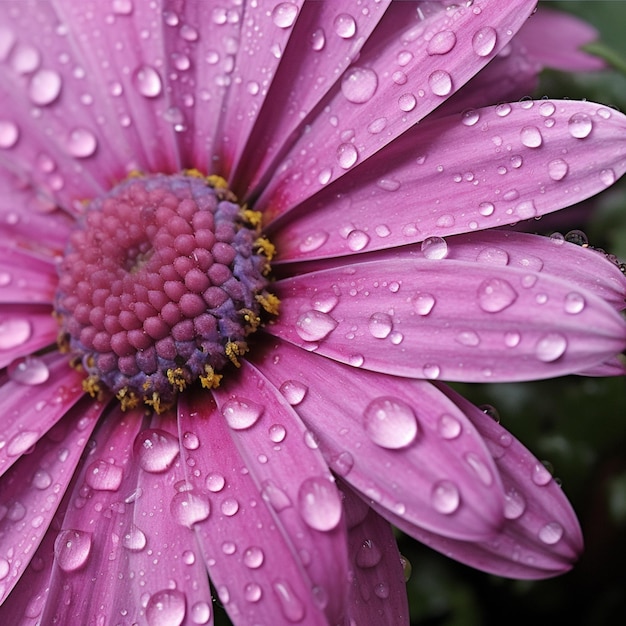 Uma flor roxa com gotas de água nela