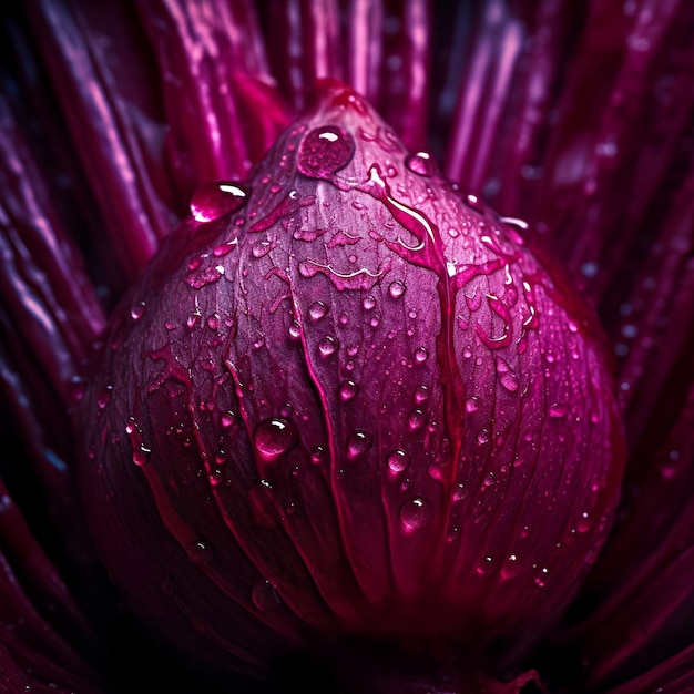 Uma flor roxa com gotas de água nela
