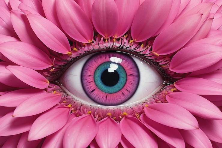 Foto uma flor roxa com um olho roxo e uma flor rosa com um olho roxo