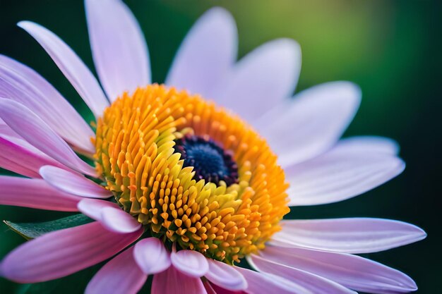 Uma flor roxa e amarela com um centro roxo.