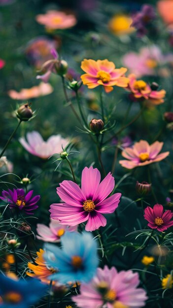 Foto uma flor roxa e amarela está em um campo de flores roxas