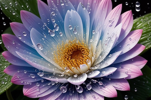 Uma flor roxa e branca com água cai sobre ela.