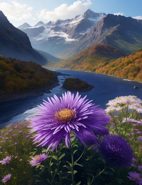 Foto uma flor roxa é cercada por montanhas e um rio.