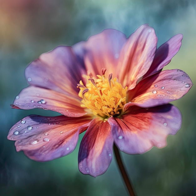 Uma flor roxa e laranja com gotas de água.